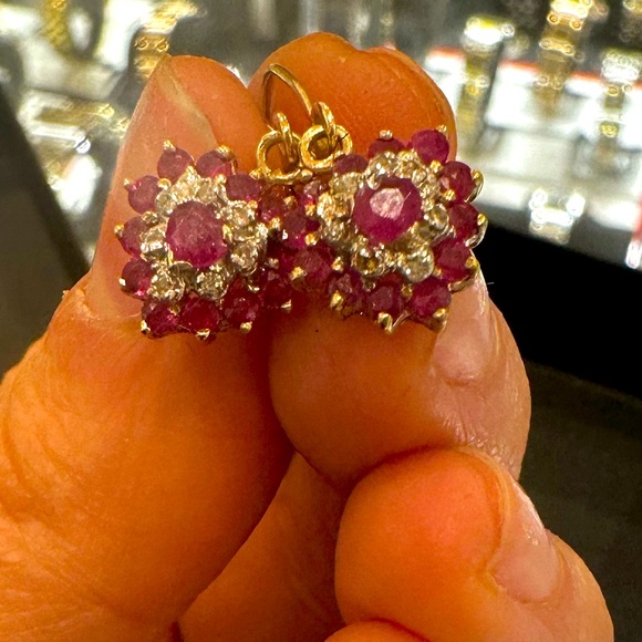 14K Solid Real Gold NATURAL Ruby & Diamond long dangle earrings sparkly! - Picture 10 of 12
